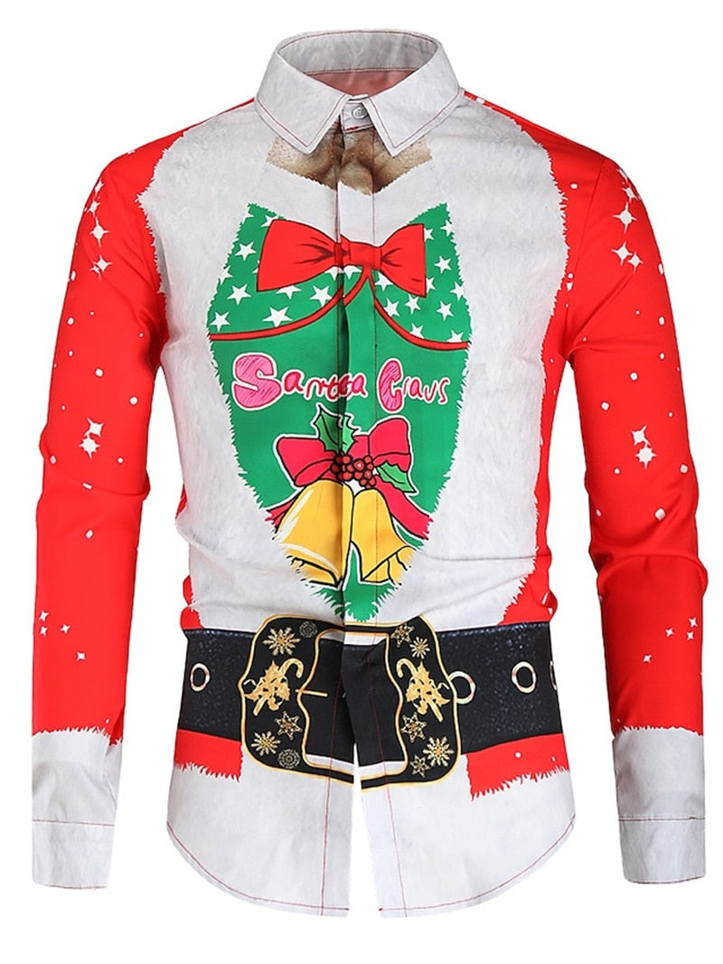 Christmas Theme 3D Printed Shirts Long Sleeve Blouse Holiday Fashion for men