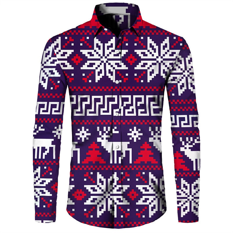 Christmas Theme 3D Printed Shirts Long Sleeve Blouse Holiday Fashion for men