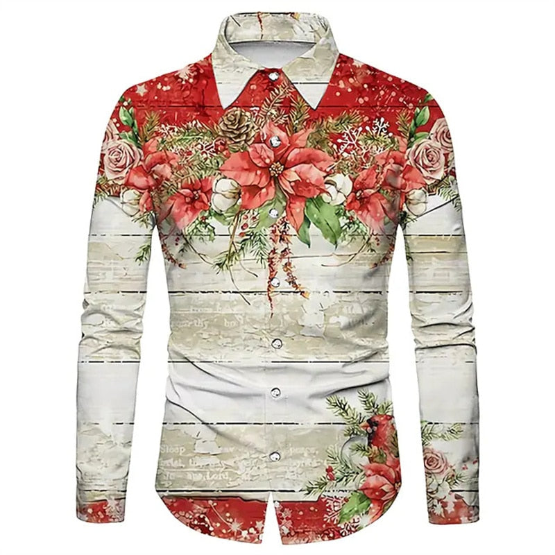 Christmas Theme 3D Printed Shirts Long Sleeve Blouse Holiday Fashion for men