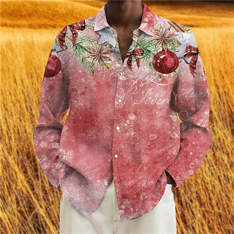 Christmas Theme 3D Printed Shirts Long Sleeve Blouse Holiday Fashion for men