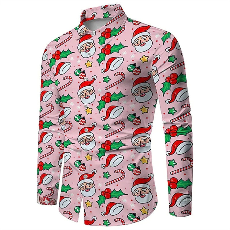 Christmas Theme 3D Printed Shirts Long Sleeve Blouse Holiday Fashion for men