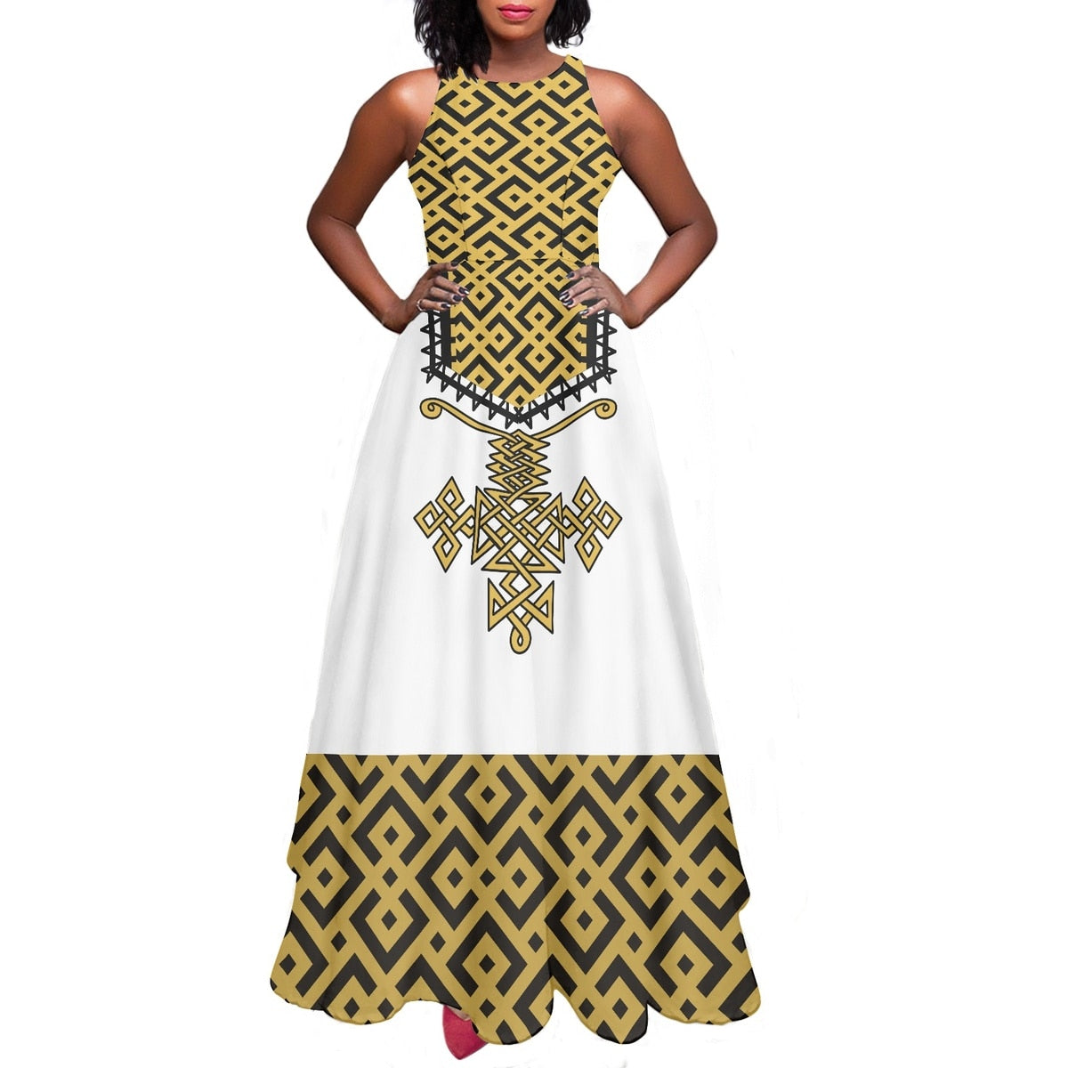Women's Long Dress Ethiopian Fashion Ethnic Print Retro Design High Quality Sleeveless Dress- Customised