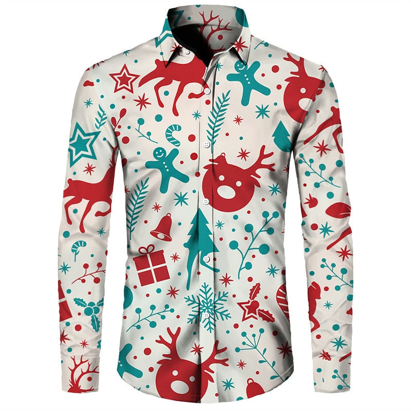 Christmas Theme 3D Printed Shirts Long Sleeve Blouse Holiday Fashion for men