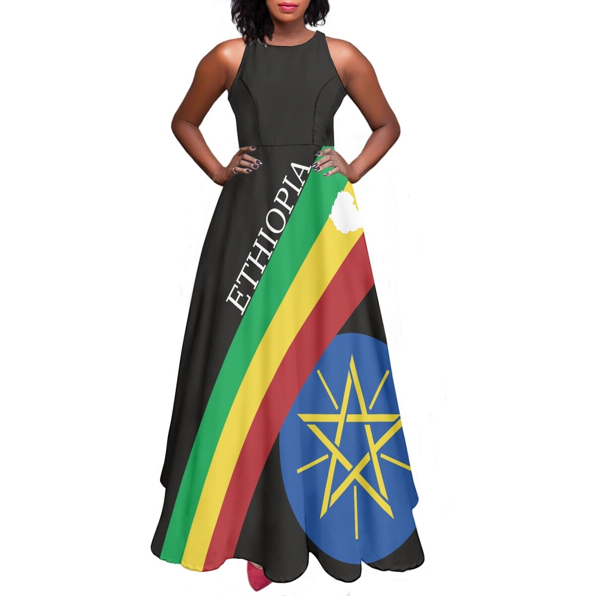 Women's Long Dress Ethiopian Fashion Ethnic Print Retro Design High Quality Sleeveless Dress- Customised