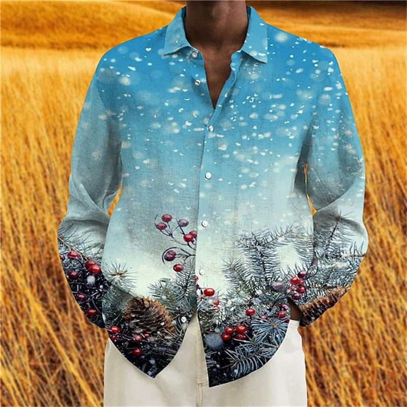 Christmas Theme 3D Printed Shirts Long Sleeve Blouse Holiday Fashion for men