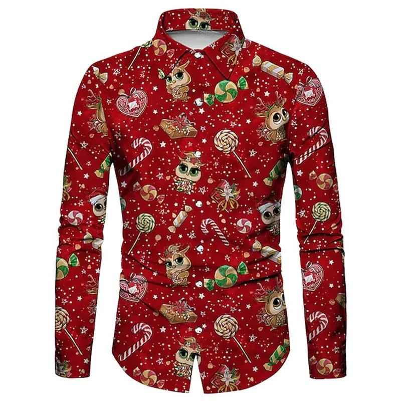 Christmas Theme 3D Printed Shirts Long Sleeve Blouse Holiday Fashion for men