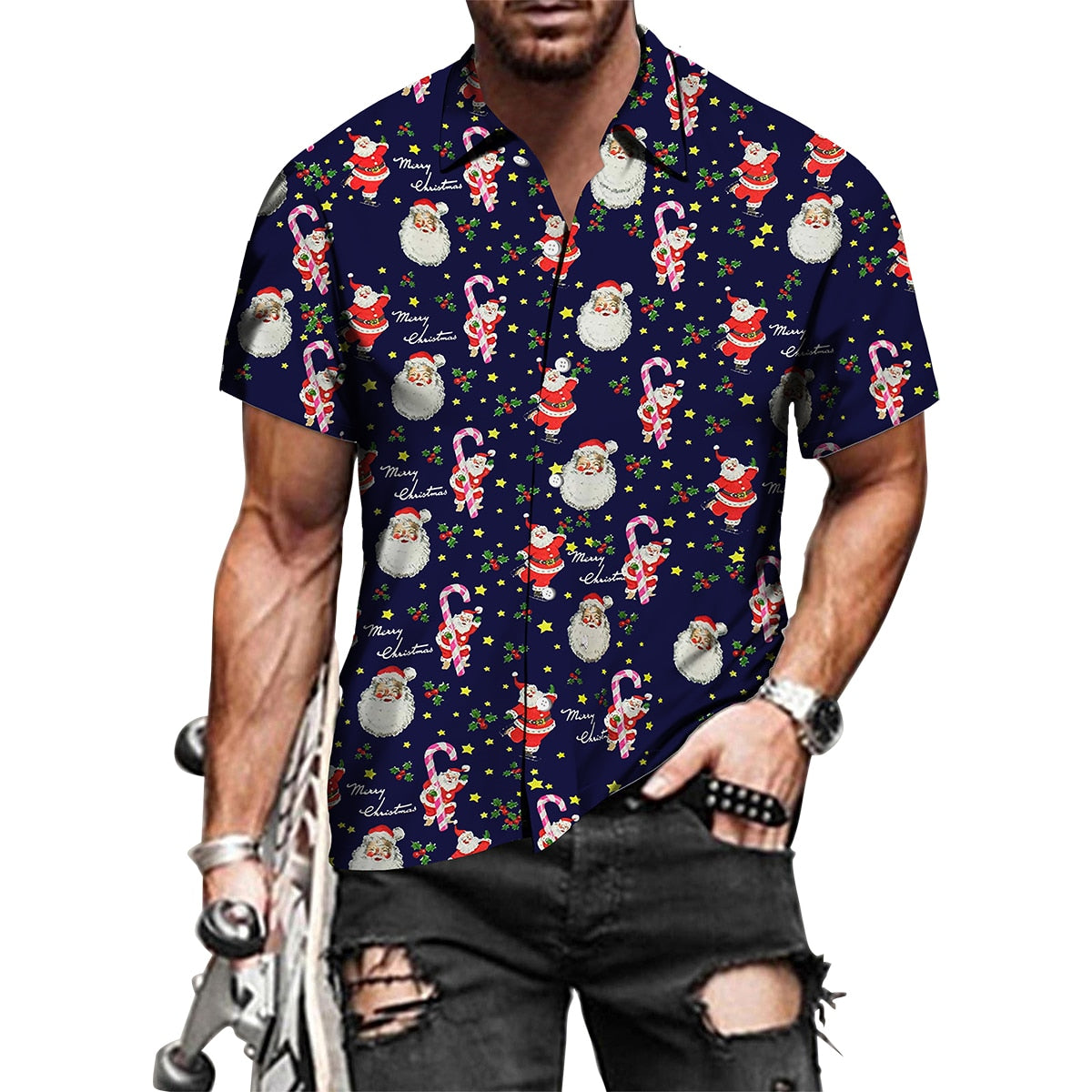 Men Fashion Festival Style Christmas Santa Claus Printed Shirts for Men