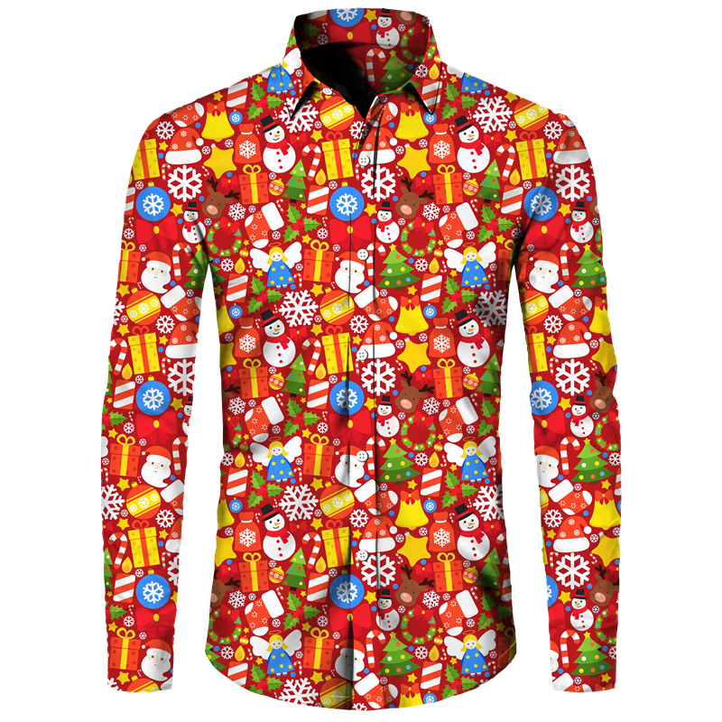 Christmas Theme 3D Printed Shirts Long Sleeve Blouse Holiday Fashion for men