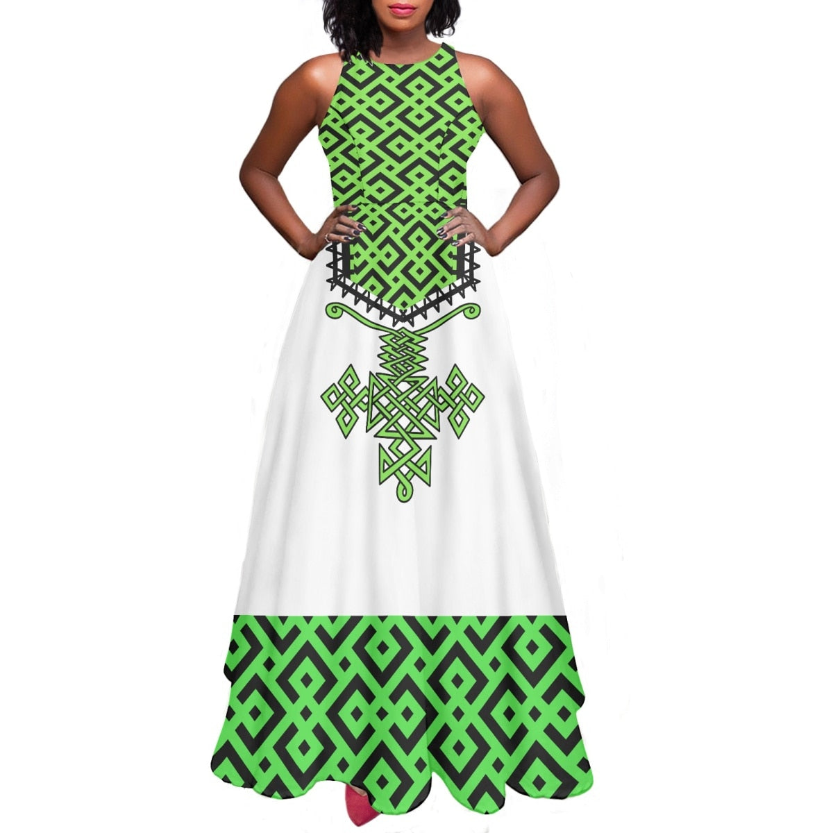 Women's Long Dress Ethiopian Fashion Ethnic Print Retro Design High Quality Sleeveless Dress- Customised