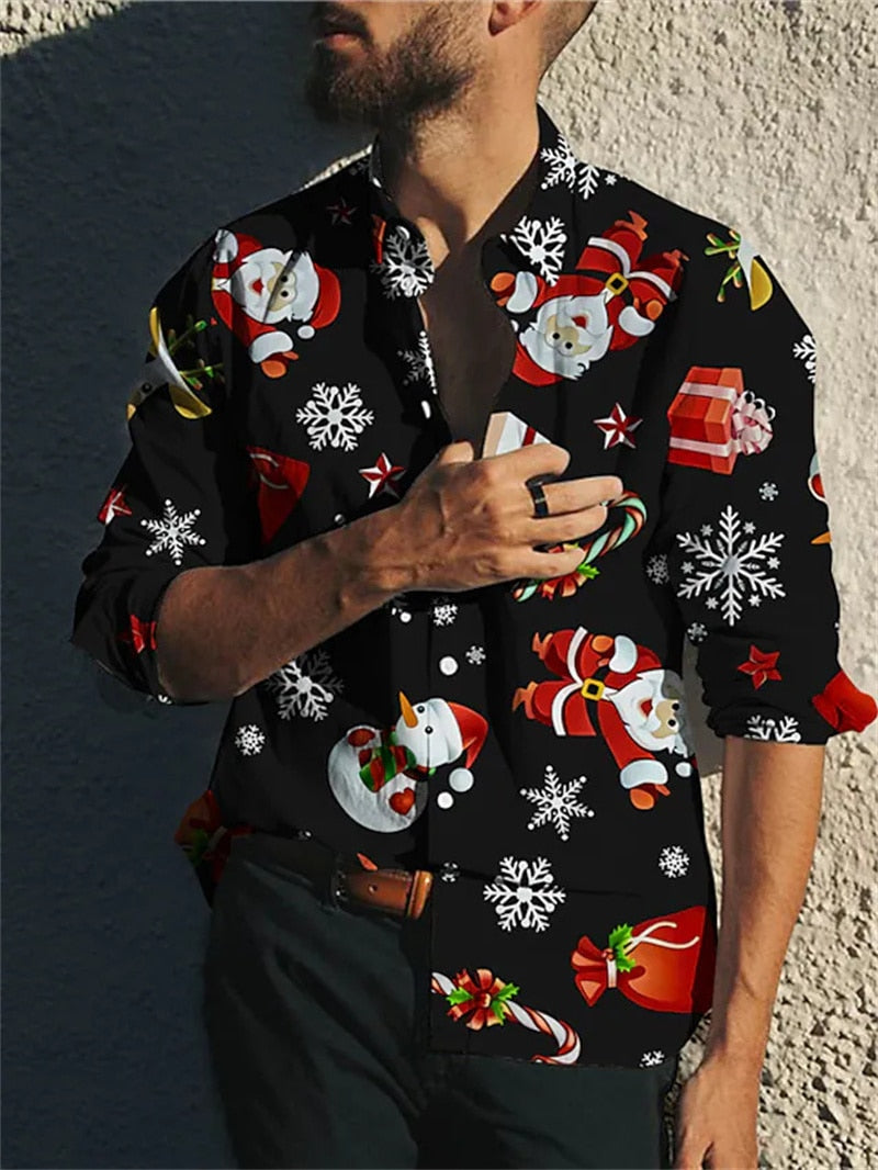 Christmas Theme 3D Printed Shirts Long Sleeve Blouse Holiday Fashion for men