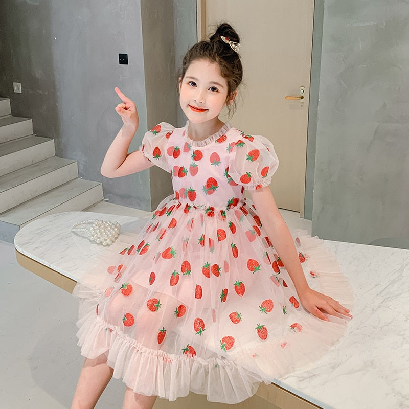 Kids Clothes Girls Summer Dress Puff Sleeve Pink Strawberry Princess Dress