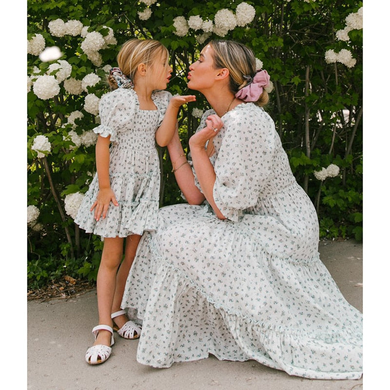 Family Look Women Matching Mother and Daughter Clothes Puff Sleeve Floral Dress