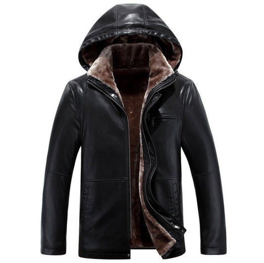 Russian winter Faux leather jackets with Thicken hoodies