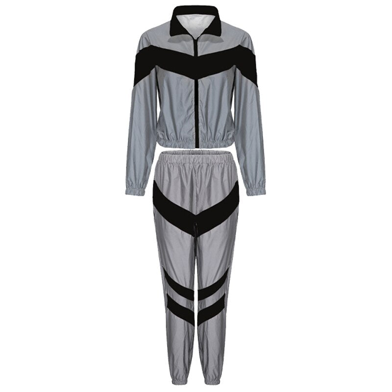 Fashion Reflective Tracksuit Women Zipper Crop Tops + Long Pants 2 Piece Set Female Jacket Trousers