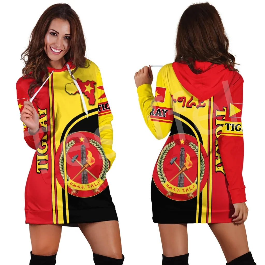 Ethiopia County Tigray Flag Native Tribe  3DPrint Harajuku Long Sleeves Women Hoodie Dress