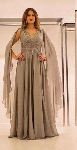 Elegant Chiffon Lace Mother of the Bride Dresses Shawl Sleeves V-Neck Plus Size  Evening Prom Dresses