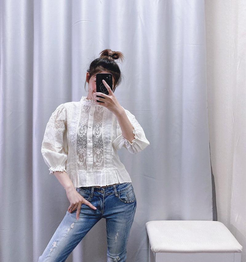 Stylish Women Blouse Embroidery Shirt  New Fashion Hollow Out Lace Patchwork Striped Modern Lady Short Tops