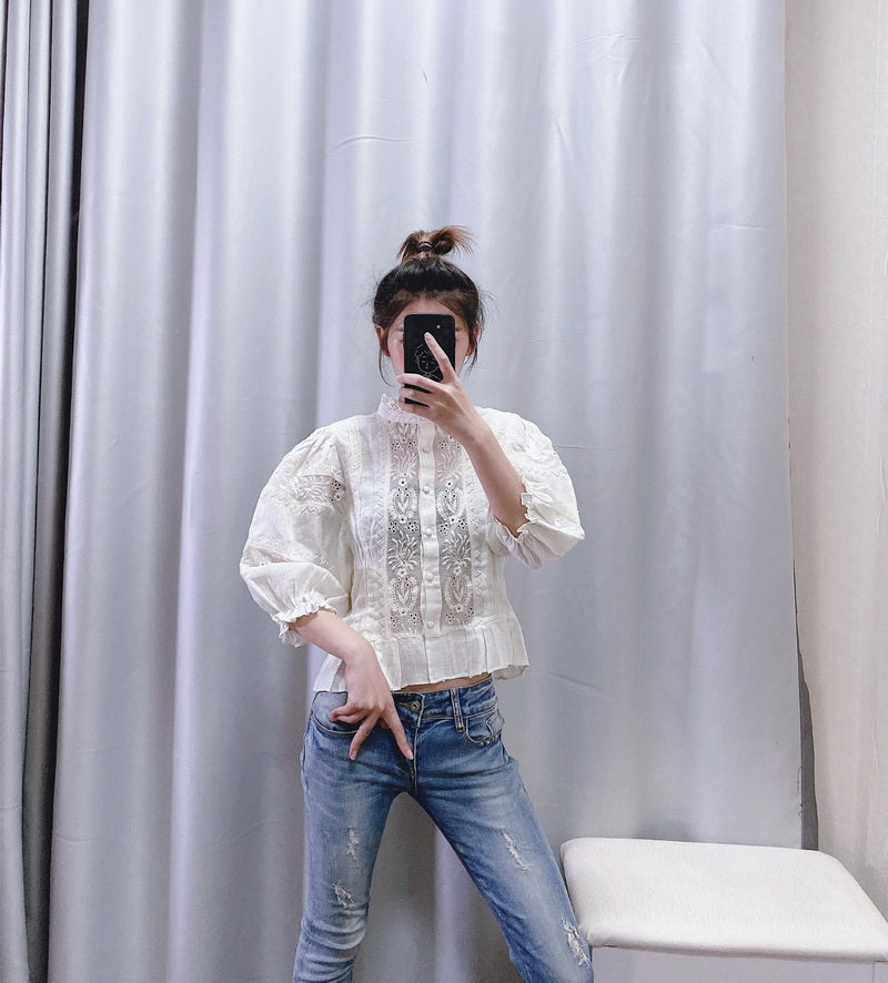 Stylish Women Blouse Embroidery Shirt  New Fashion Hollow Out Lace Patchwork Striped Modern Lady Short Tops