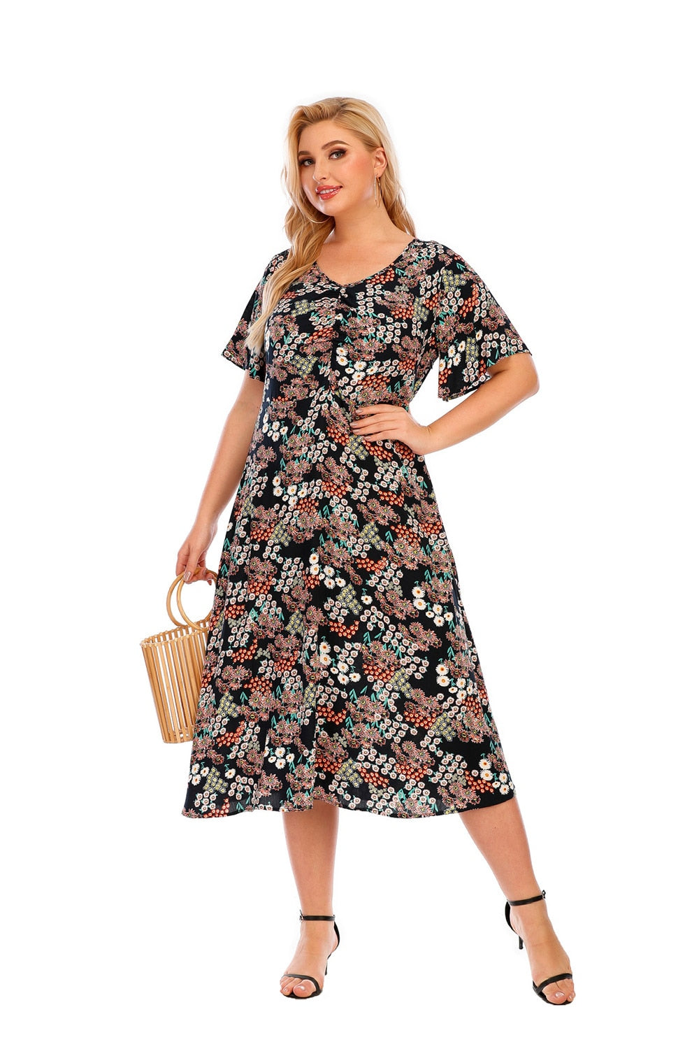 Plus Size V- Neck Casual Print Short Sleeve lLong Dress for women