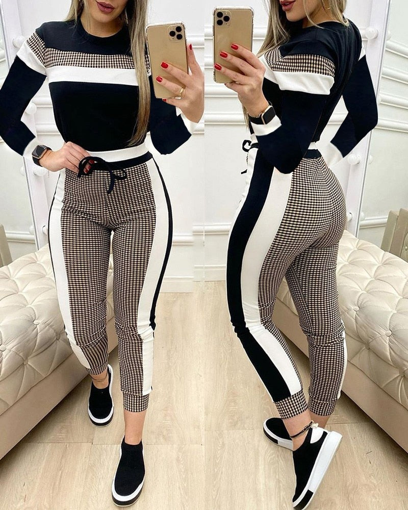 Fashion Women Sets Tops High Waist Pants 2 Piece Sets Outfits Black Pattern Stitching Long Pants Sets