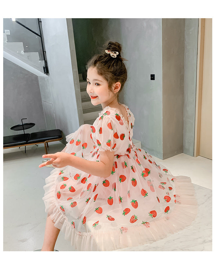 Kids Clothes Girls Summer Dress Puff Sleeve Pink Strawberry Princess Dress