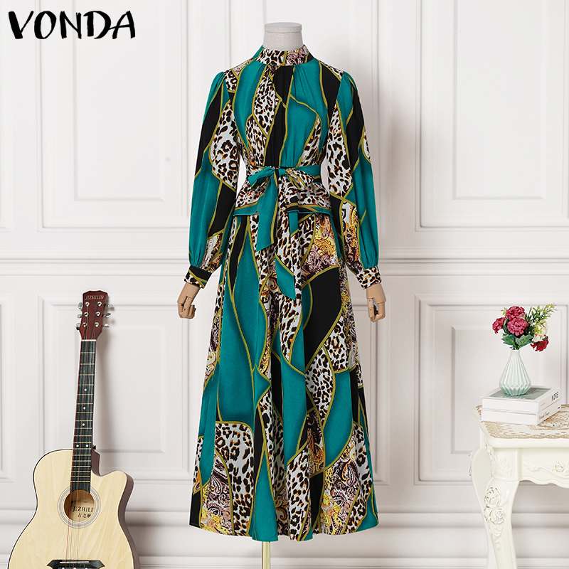 VONDA Women Loose Robes Plus Size, O- Neck, Puff Sleeve, Printed Long Maxi Dress