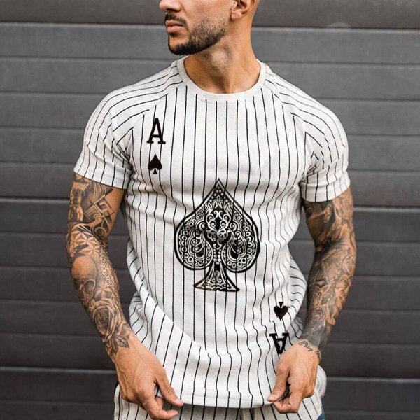 Men's T-shirt Striped Round Neck Shirt Fashion Poker Print Short Sleeve Top for Summer wear