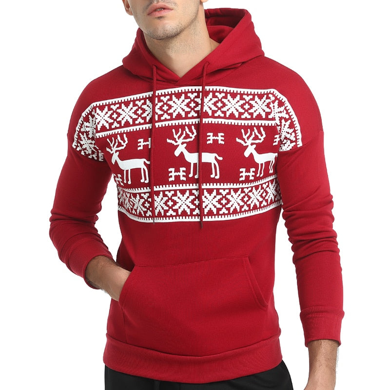 Men's Christmas Sweater Snowflake Reindeer Print Hoodie Sweatshirt