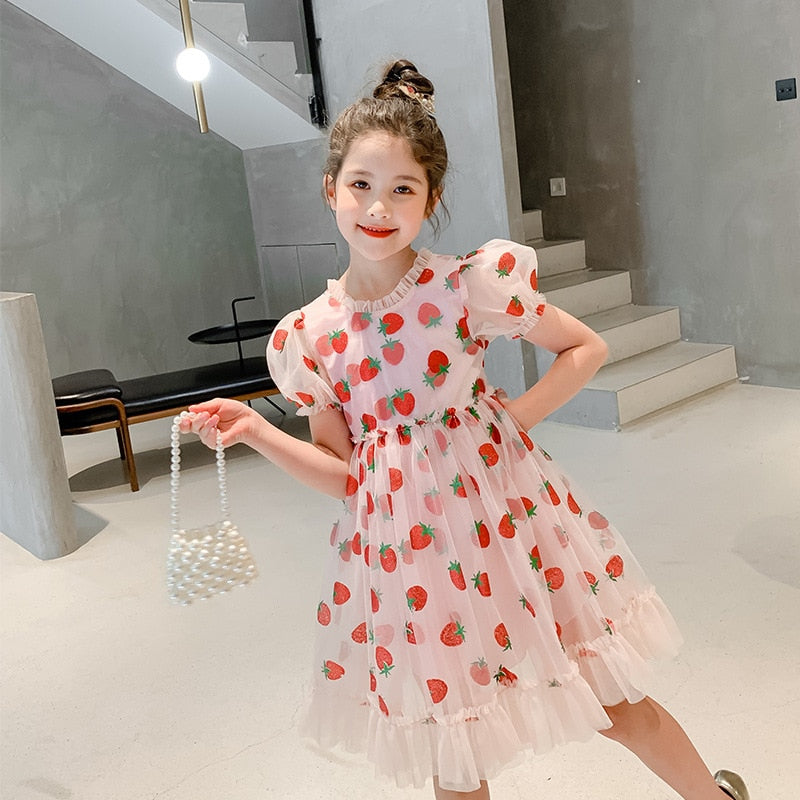 Kids Clothes Girls Summer Dress Puff Sleeve Pink Strawberry Princess Dress