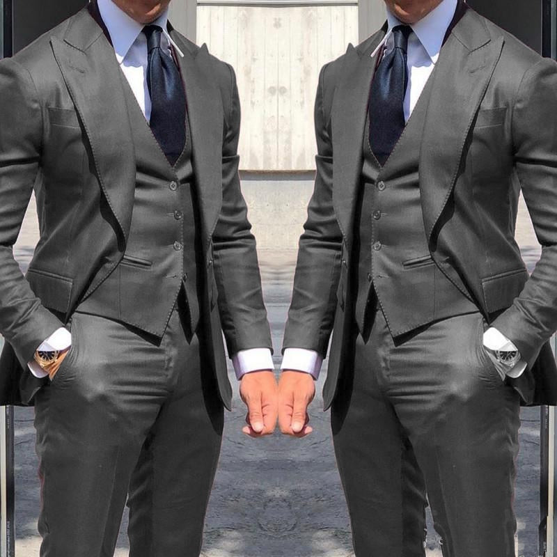 Latest Casual Style 3 Pieces Grey Men Suits Formal Groom Tuxedos Groomsmen Men's Wedding Prom Suits Bridegroom Jacket+Pants+Vest