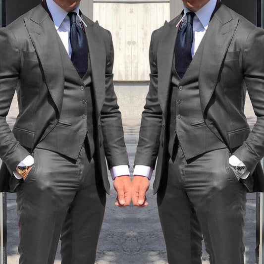 Latest Casual Style 3 Pieces Grey Men Suits Formal Groom Tuxedos Groomsmen Men's Wedding Prom Suits Bridegroom Jacket+Pants+Vest