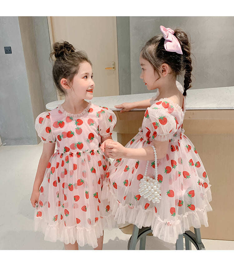 Kids Clothes Girls Summer Dress Puff Sleeve Pink Strawberry Princess Dress