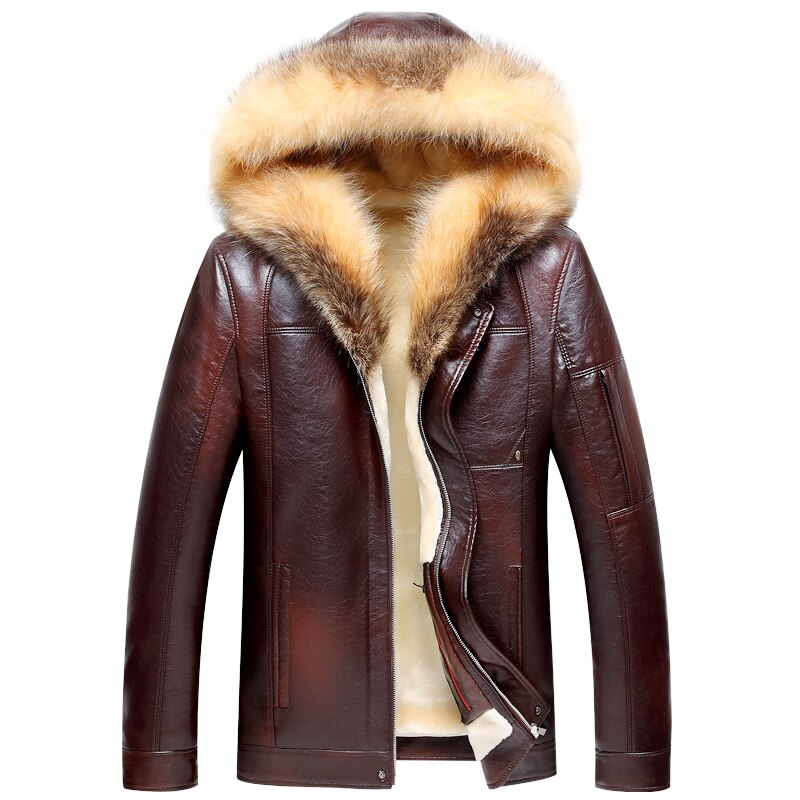 Russia Genuine Leather Jacket Faux Sheepskin Thick Hooded Luxury Windbreaker  Winter Jacket for Men