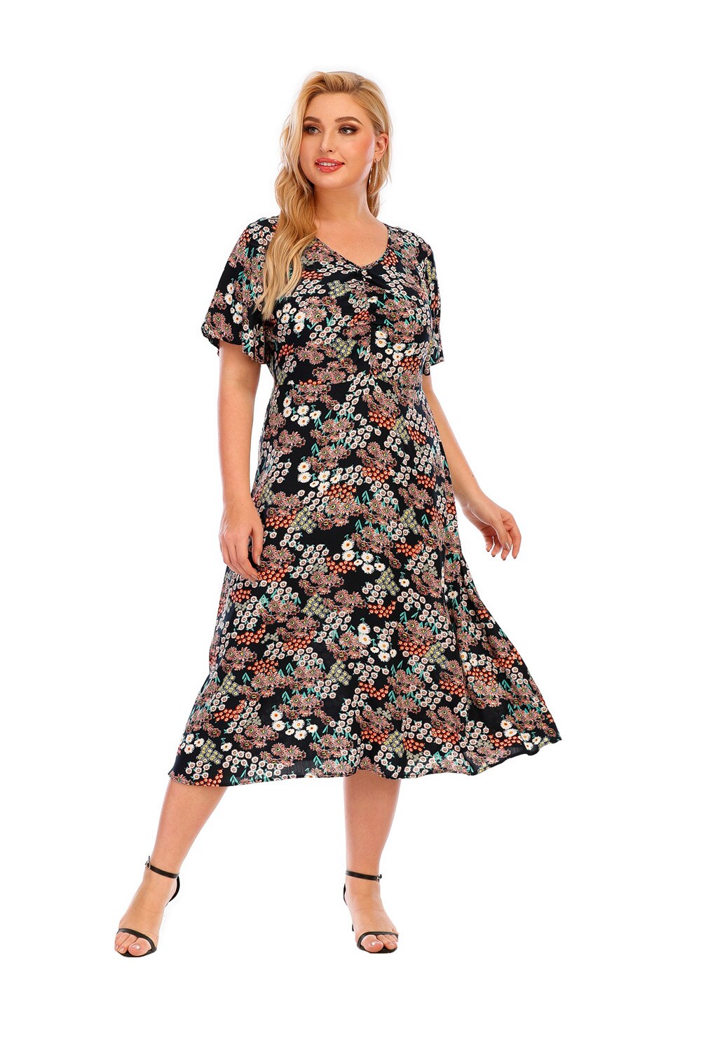 Plus Size V- Neck Casual Print Short Sleeve lLong Dress for women