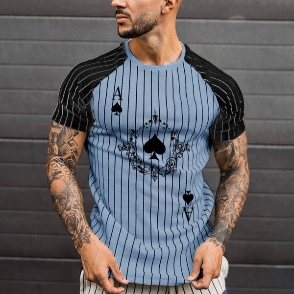 Men's T-shirt Striped Round Neck Shirt Fashion Poker Print Short Sleeve Top for Summer wear