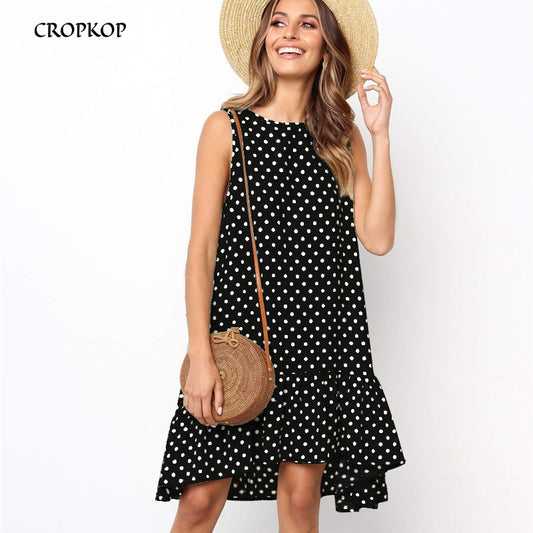 Women Summer Dress Ruffles Polka Dot Sleeveless Mini Dresses Plus Size Casual Loose  Women Clothes