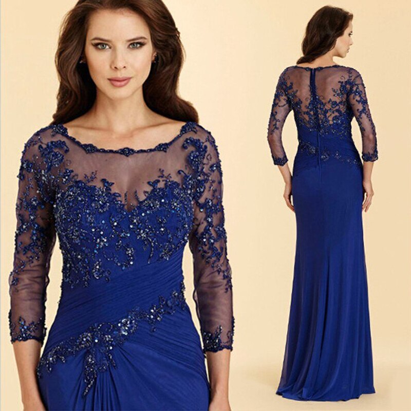 Latest Royal Blue Lace Mother of the Bride Dresses Jewel Neck With 3/4 Sleeves Applique Beaded