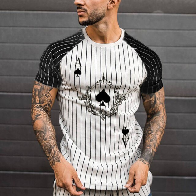 Men's T-shirt Striped Round Neck Shirt Fashion Poker Print Short Sleeve Top for Summer wear