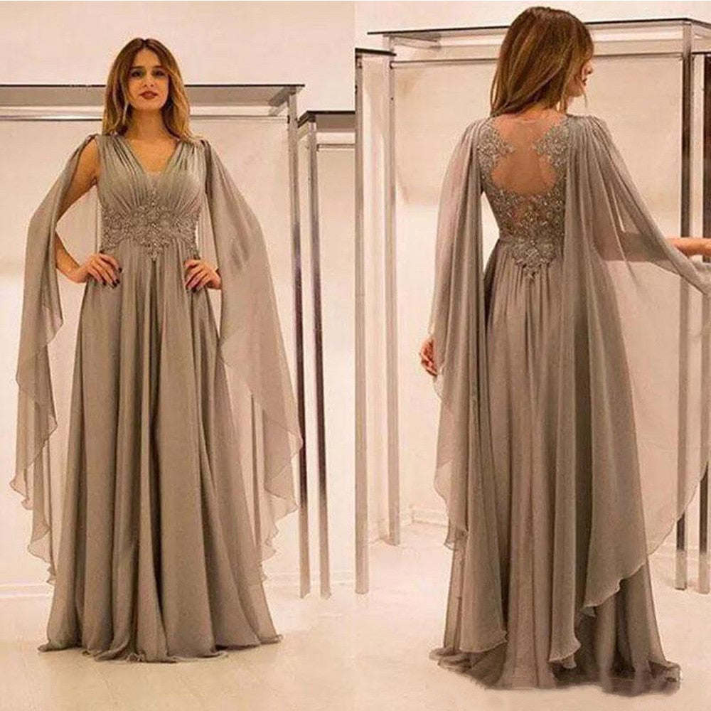 Elegant Chiffon Lace Mother of the Bride Dresses Shawl Sleeves V-Neck Plus Size  Evening Prom Dresses