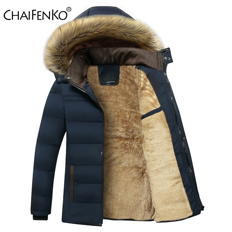 New Warm Thick Fleece Parkas Men Waterproof Hooded Fur Collar Parka Jacket for Men