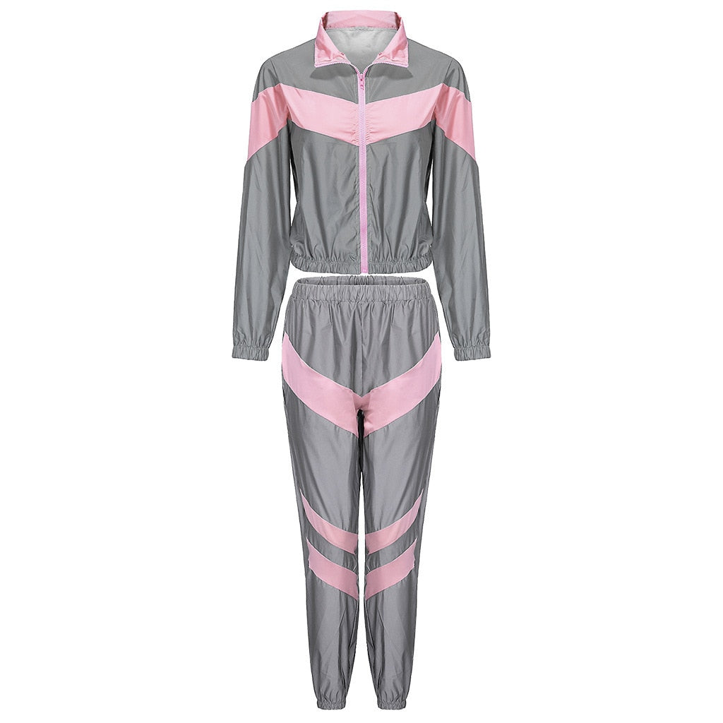 Fashion Reflective Tracksuit Women Zipper Crop Tops + Long Pants 2 Piece Set Female Jacket Trousers