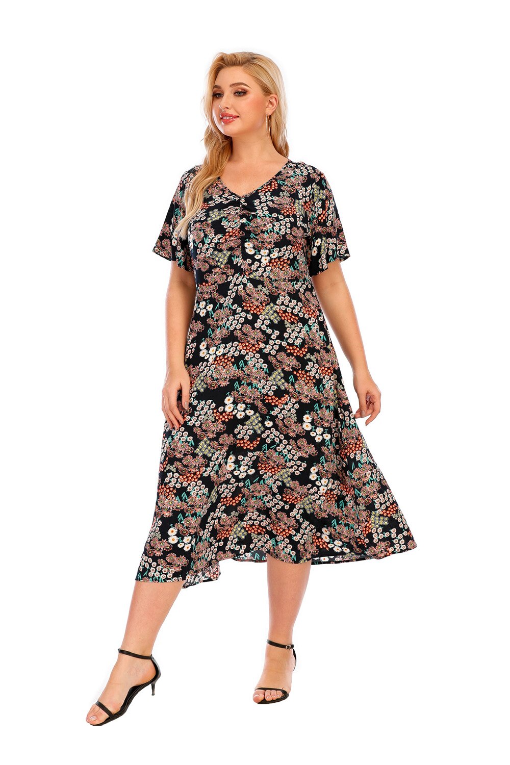 Plus Size V- Neck Casual Print Short Sleeve lLong Dress for women