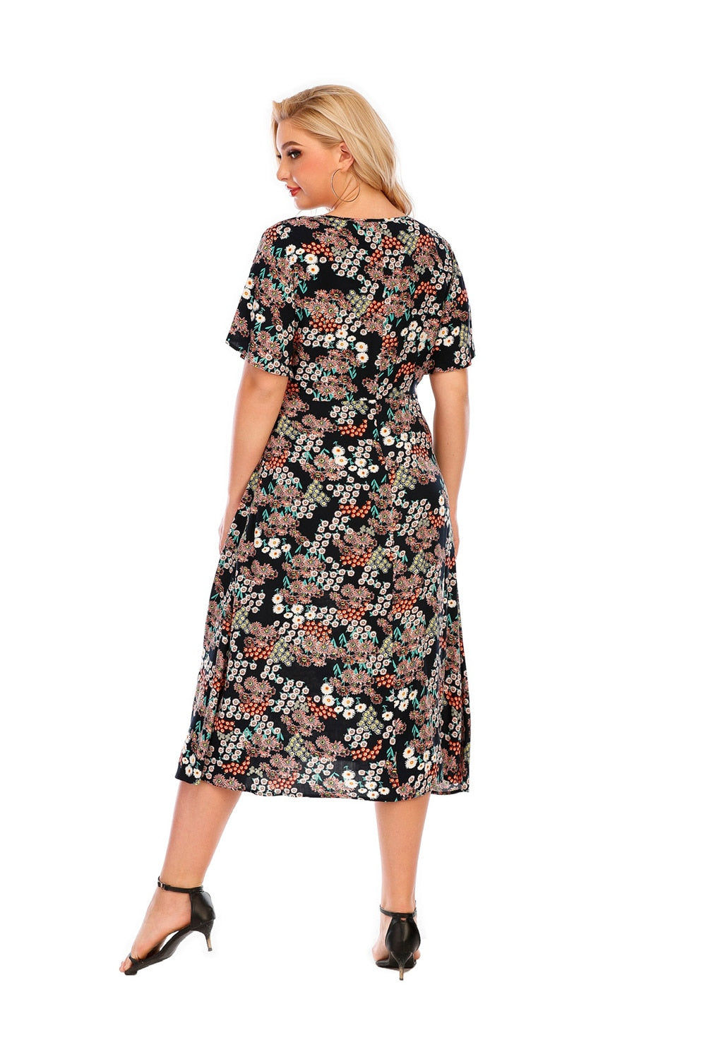 Plus Size V- Neck Casual Print Short Sleeve lLong Dress for women