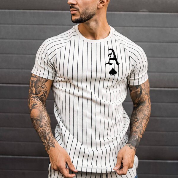 Men's T-shirt Striped Round Neck Shirt Fashion Poker Print Short Sleeve Top for Summer wear