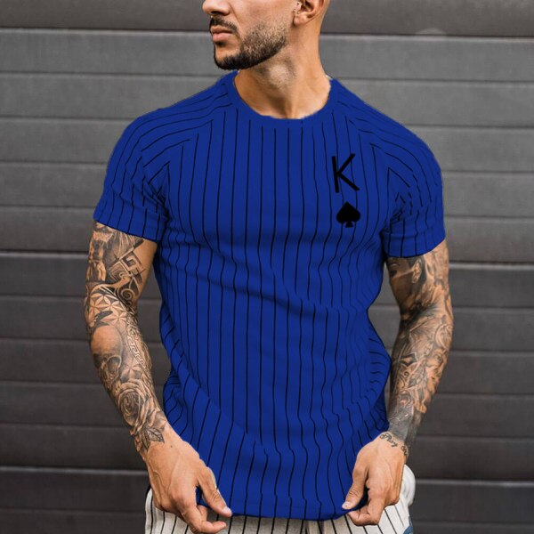 Men's T-shirt Striped Round Neck Shirt Fashion Poker Print Short Sleeve Top for Summer wear