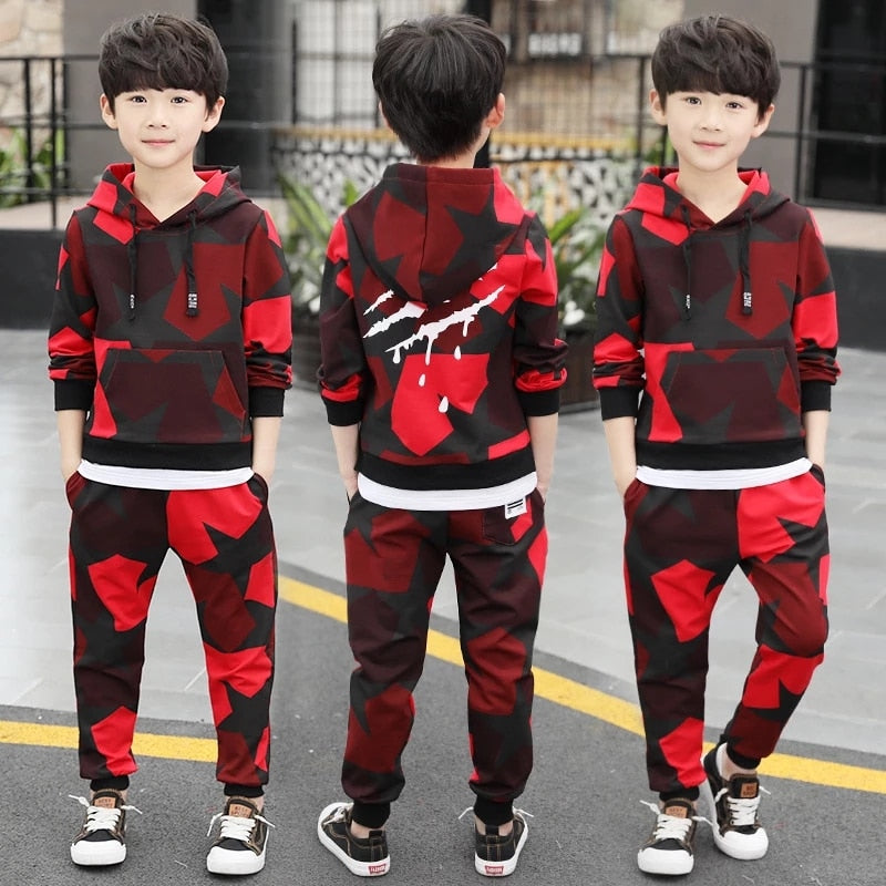 Teen Boys Clothes Set  Tracksuit Camouflage Costume Hoodies Tops  & Pants