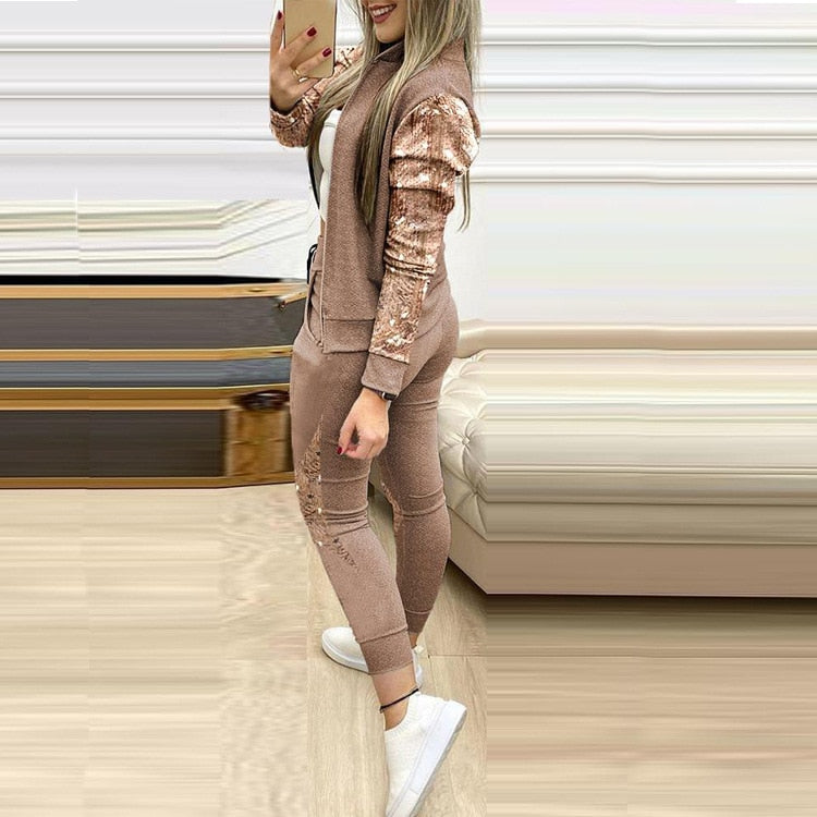 Multi-color two-piece casual women's suit with contrast color sports two-piece Tracksuits for Women