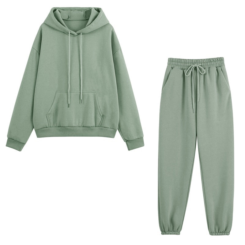 Autumn Winter Fleece Hoodies Two Piece Set Tracksuits Sweatshirts Jogger Pants for Women