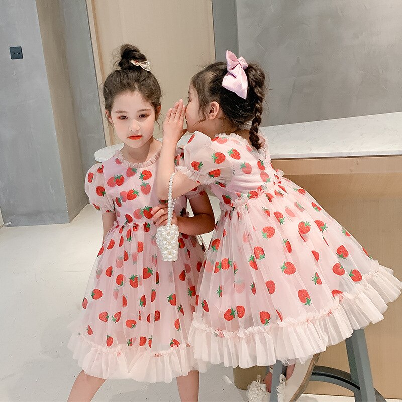 Kids Clothes Girls Summer Dress Puff Sleeve Pink Strawberry Princess Dress