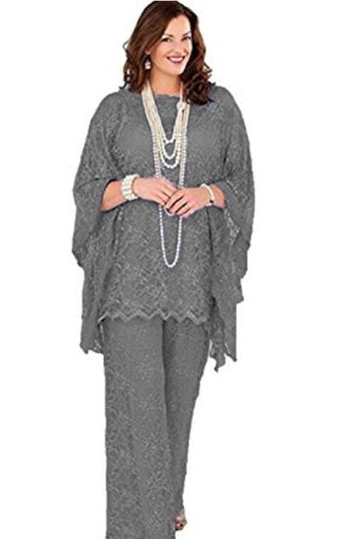 Lace Mother of the Bride Pant Suits 2020 Long Sleeves Three Pieces Silver Gray Wedding Guest Dresses Plus Size Formal